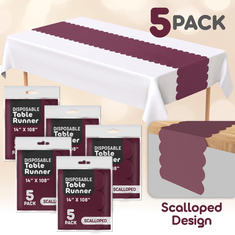 Swanoo Burgundy Plastic Disposable Table Runner. 5 Pack 14 x 108 inch. Scallop Table Runner Adds A Pop of Color to Your Party Table, by Swanoo - Image 2